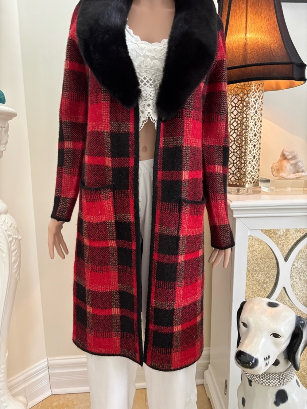 cleo Red and Black Plaid Vest with Black Faux Fur Collar - Picture 3 of 14